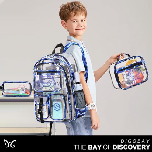 DIGOBAY 3PCS Cool Luminous Clear Backpack for Boys Kids, Gamer Clear Bookbag for School, See Through PVC Transparent Backpacks with Lunch Bag Pencil Case, Backpack Heavy Duty for School Stadium - color: Blue Lightning