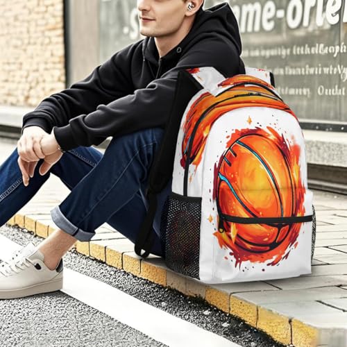 Large Backpack with 15.6 Inch Laptop Compartment, Basketball Flame Adult Backpack for Work, Travel & School College Boys Girls - color: Basketball Flame