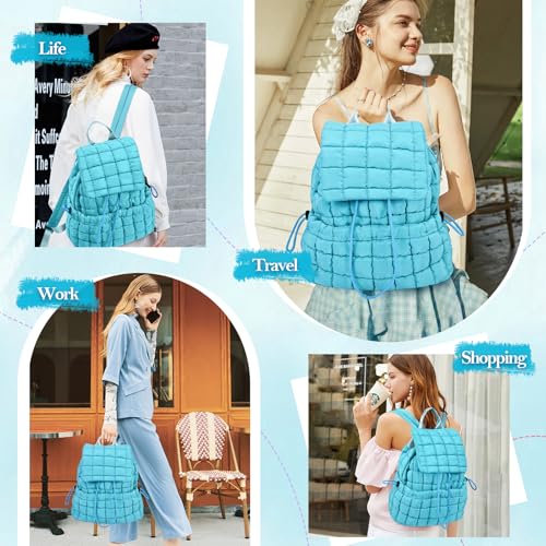 Quilted Puffer Backpack for Women Lightweight Soft Puffy Backpack Purse Casual Daily Drawstring Flap Daypack (Blue) - color: Blue