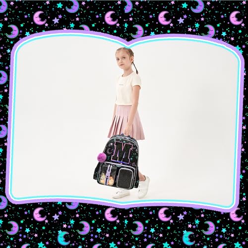 HTgroce Backpacks for Girls School Bag Kids Black Bookbag for Elementary Students Kids Backpack with Lunch Box and Pencil Case - color: Black, style: M