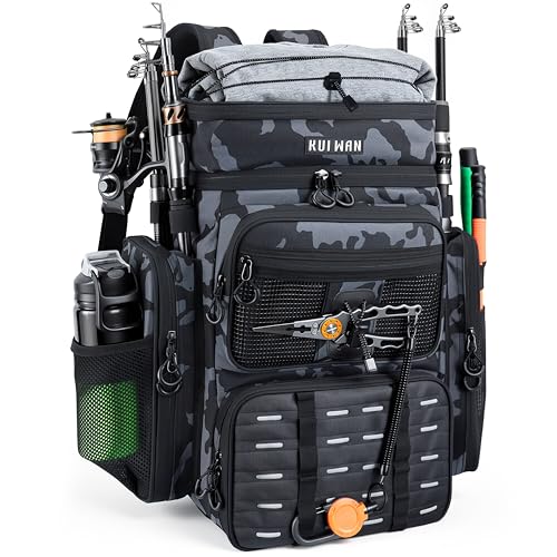 Fishing Backpack with Cooler & 4 Rod Holder, Large 45L Tackle Bag Store Fishing Gear Boxes Gifts for Men Woman-Camo Back Pack