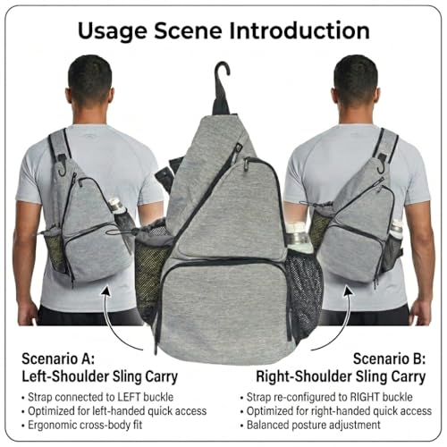 Pickleball Sling Bag with Shoe Compartment - Crossbody Backpack Fits 2 Paddles, 32oz Bottle & Fence Hook, Sports Bag for Men & Women (Shoe Limit: up to US Men's 10 / Women's 11.5) - color: Heather Gray