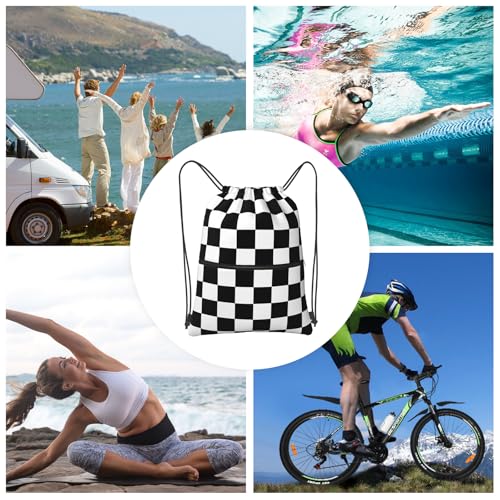 Checkerboard Drawstring Bags, Outdoor Sports Black White Race Cinch String Bag, Waterproof Gym Drawstring Backpack, Men Women Large Capacity Cinch Sackpack with Zippered Pocket - color: Checkerboard