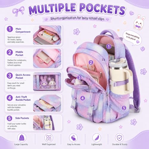 BTOOP Multi-Compartment Kids Backpack for Girls, 3PCS Cute Purple Bow School Backpack with Lunch Bag Pencil Case, Side Pocket Fits 40 oz Tumbler, Girls Bookbag for Elementary Middle School - color: Purple