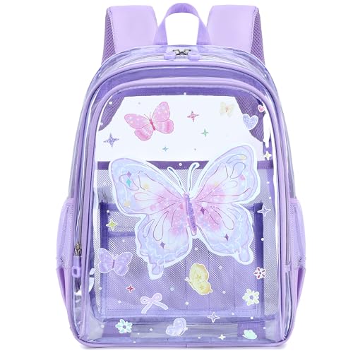 AO ALI VICTORY Clear Backpack for School,PVC Transparent Kids Bookbag for Girls Boys Cute Toddler Back Pack Kindergarten Elementary Schoolbag Stadium Approved See Through Backpacks, Purple Butterfly - color: Purple Butterfly