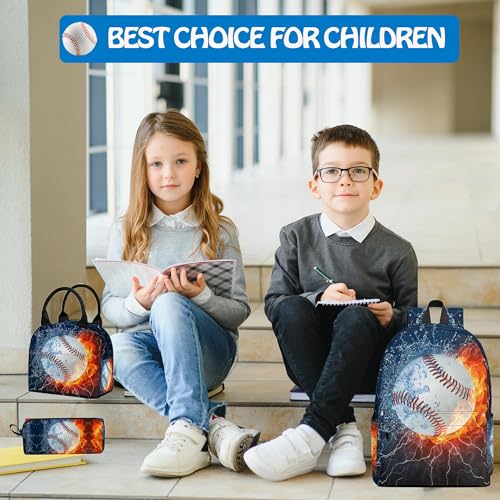 3PCS Backpack for Boys Girls, Kids Baseball Back to School Backpack Sets with Lunch Bag Pencil Case, 17 Inch Lightweight Bookpack 3 in 1 Set for Teens Elementary Middle High School Students - color: Water Fire Baseball