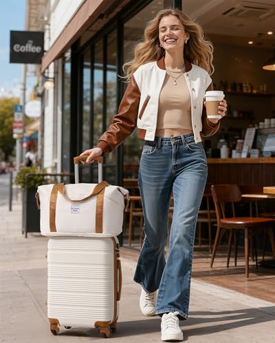 LONG VACATION Luggage Sets with Spinner Wheels, Suitcase Set 6 Piece - color: WHITE-BROWN, size: 6 piece set
