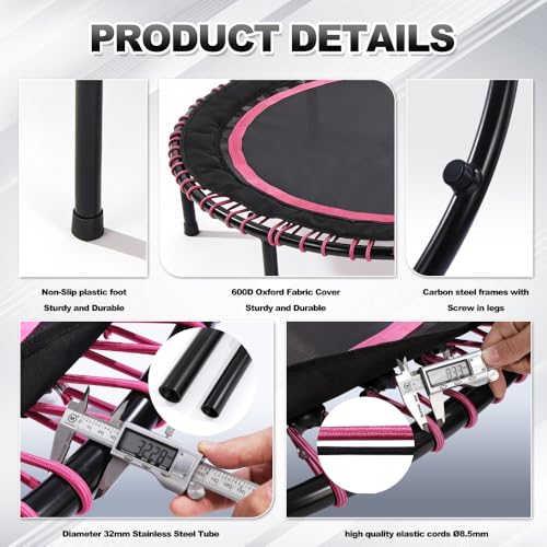 Springless Mini Fitness Trampoline for Low-Impact Cardio Workouts, Indoor Outdoor Rebounder with Quiet Bungee System and Stable Frame