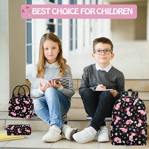 Axolotl Cute 3PCS Backpack Set for Teens Elementary Middle High School, 17 Inch Lightweight Classic Bookpack 3 in 1 Set for Girls Boys, Kids Back to School Backpack with Lunch Box Pencil Case - color: Axolotl
