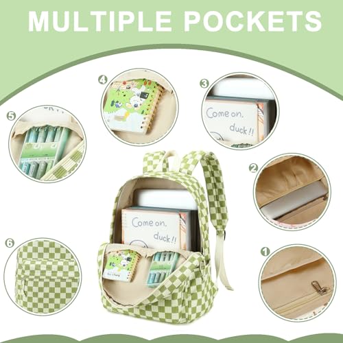 Bluboon School Backpack Set Girls Womens Laptop Bookbag Casual Daypack Fits 15 inch Laptop with Lunch Tote Bag and Pencil Bag - color: Green and White Grid