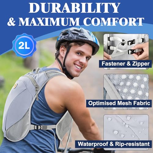 Hydration Backpack with 2L Water Bladder Bag, Lightweight and Breathable Running Vest for Men, Adjustable Chest Straps Water Pack for Cycling Hiking Climbing Outdoor - color: Grey