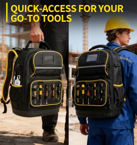 Tool Backpack, Heavy-Duty Tool Organizer Bag for Men Dad Gift, Water-Resistant Technician Tool Carrier w/ Molded Base, Laptop Storage, Backpack for Electricians HVAC Construction Repairman Home Repair