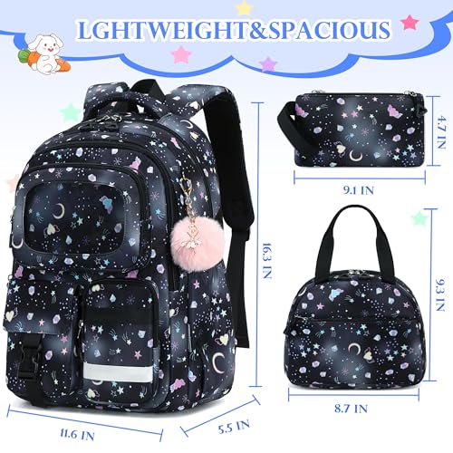 AO ALI VICTORY Backpack for Girls with Lunch Bag Pencil Case Kids School Bags for Kindergarten Elementary Middle Primary Schoolbag Cute 16 inch Laptop Bookbag Students 3 PCS Cute Bookbag, Black Set - color: Black Set