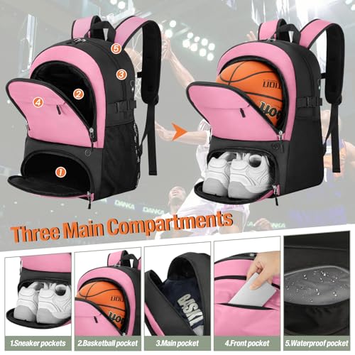 OCKLILY Basketball Backpack - Large Sports Equipment Bag with Ball Holder & Shoe Compartment, Sport Bags for Basketball, Soccer, Volleyball, Gym, School and Travel, 30L - color: Pink