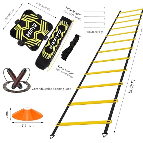 IHEPYQ Soccer Agility Training Equipment Set, 12 Rung 20Ft Agility Ladder, 12 Disc Cones, 4 Steel Stakes, Solo Soccer Trainer, Jump Rope - Speed Training Equipment for Soccer Football Basketball - color: Yellow