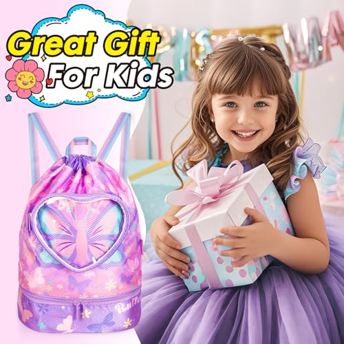 Drawstring Backpack for Kids Girls, Cute Cartoon Butterfly Waterproof Drawstring Bag String Swim Gym Sports Beach Bag with Shoes & Sunglasses Compartment and Wet Proof Pocket - color: J11. Butterfly
