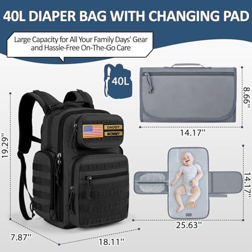 MIRACOL Outdoor Military Diaper Bag: Tactical Style Baby Backpack with Insulated Pockets & Changing Pad - Hiking Camping Essentials for Active Dads - color: Black W/ Changing Mat