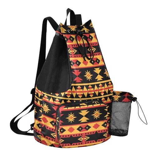 Bolaz Western Art Native Tribal Beach Drawstring Backpack Mesh Swim Bag for Men Women Swimming Gym with Wet Pocket Packable Sports