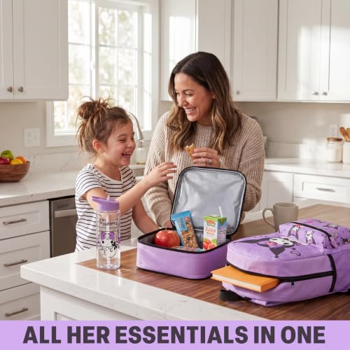 Get Trend Kuromi Girls Backpack, Lunch Bag, Pencil Case, Water Bottle | Sanrio 4 Pc Set, 18in Bookbag, Insulated Lunch Bag, Pencil Pouch & 16.9 fl oz BPA-Free Water Bottle, School, Gifts for Girls - color: Purple Kuromi
