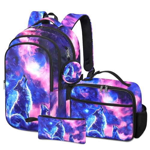 Wolf Backpack for Girls, Girls Backpacks with Lunch Box and Pencil Case for School, Kids Wolf Bookbag - color: Wolf