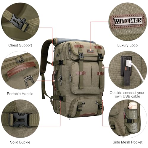 WITZMAN Travel Backpack for Men 40L Large Carry-on Airline Approved Convertible 3 in 1 laptop Bags Fit 16 inch(A8013 Army Green) - color: Army Green