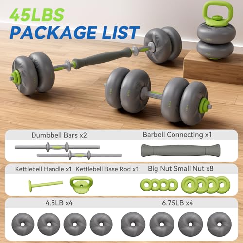 LIFERUN Adjustable Dumbbell Set, Soft PVC Coated, 45lbs/67lbs Free Weight Set Home Gym, 4-in-1 Used As Barbell, Dumbbells, Kettlebell, Weight Plates, Weights Dumbbells Set, Space Saving Fitness Exercise For Men/Women - color: Grey, style: 45lb