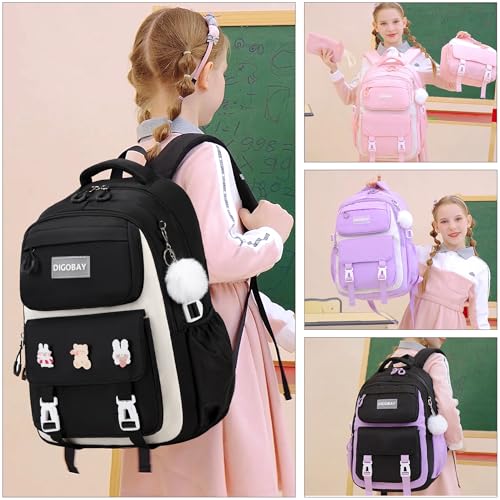 DIGOBAY 3PCS Girls Backpack for School, Large Kids Backpack for Girls with Lunch Box Pencil Case Set for Teen Girl Elementary Primary Middle High College School Bookbag with Cute Pins (Black-beige) - color: Black-beige