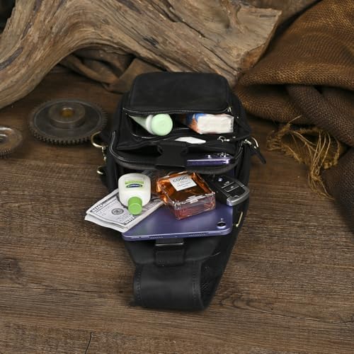 Le'aokuu Men Fashion Casual Tea Designer Travel Hiking Crossbody Chest Sling Bag Rig One Shoulder Strap Bag Men Leather 8015 | Fashion - color: X Dark Black