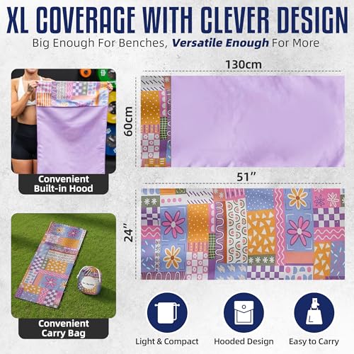 CHEEKY WINX Hooded Microfiber Gym Towel – Highly Absorbent Car Seat Towel with Carry Bag – Double-Sided Sweat Towel, Reversible, Quick Dry & Sand-Resistant Fabric, Patchwork, 130 x 60cm - color: Patchwork