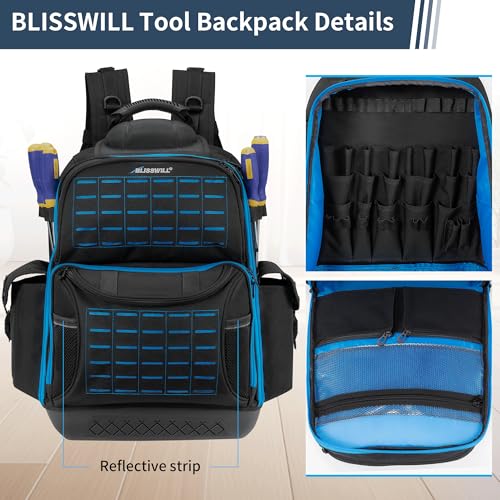 BLISSWILL Tool Bag Backpack for men,Heavy Duty Tool Backpack Bag with Waterproof Molded Base,62 Pockets/40 Loops Heavy Duty Tools Organizer Bags/Electrician/Industrial/Construction Work Backpack - color: Black