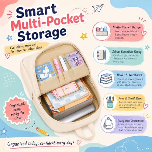 LOIDOU Girls Backpack for Kids Cute School Bookbag - color: Pure Beige, size: L-17"
