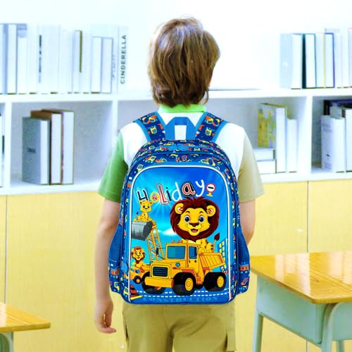 16" Kids Backpack for Boys, 3Pcs Excavator Bookbag Set for Elementary Preschool Kindergarten, Lion School Backpacks with Lunch Box(Blue) - color: Lion Blue