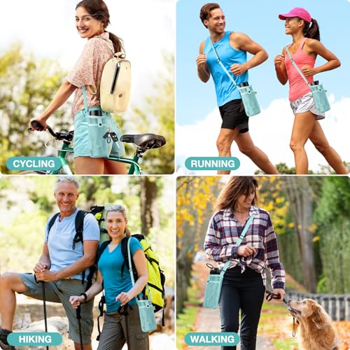 BINSUNS 2 Pcs Large Water Bottle Bag with Strap, Mesh Water Bottle Carrier Holder Crossbody Water Sling Bag Shoulder Strap and Pocket - Walking Sports Hiking Camping (Pink+Light Blue) - color: Pink+Light Blue, size: 2 Pcs-Large