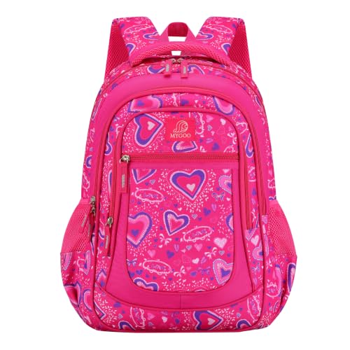 MYGOO Girls School Backpack Vineyard Heart Pink Bookbag for Elementary Middle School Ages 5-12, 17 inch Large Capacity 24L Kids Student Travel Bags - color: Vineyard Heart Pink