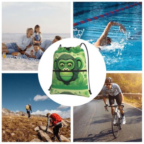 Green Clever Monkey Prints Drawstring Zipper Backpack Lightweight Sport Gym Bag Water-Resistant Travel Throw Cover for Men Women Teens