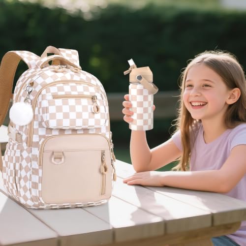 Bevalsa Backpack for Girls, School Bookbag Teen Girls Backpack Set with 14oz Insulated Water Bottle Stainless Steel, Lunch Bag & Pencial Case for Kids Elementary Middle Student (Khaki Checkerboard) - color: Khaki Checkerboard