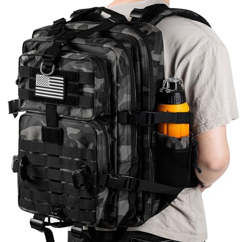 Hannibal Tactical 45L MOLLE Assault Pack, Tactical Backpack Military Army Camping Rucksack with Bottle Holder, 3-Day Pack Trip w/USA Flag Patch, D-Rings, Black Camo - color: Black Camo, size: 45L