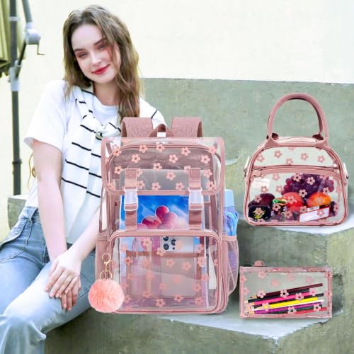 3Pcs Clear Backpack for School, Girls Kids Transparent Bookbag Set, 17" Stadium Approved See Through Backpack with Lunch Box (Pink) - color: Plum Blossom Pink