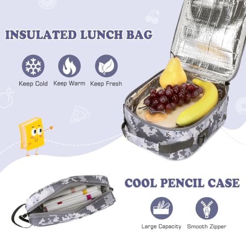 Camo Backpack for Boys, Tactical Boys Backpack with Lunch Box Pencil Case, Kids Backpacks with USB Charging Port, Military Army School Bookbag for Teen Boy Elementary Middle High School Camp - color: Grey