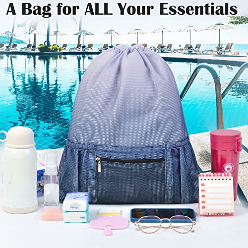 Mesh Drawstring Backpack Bag Beach Bag with Zipper Pocket Gym Backpack Bag for Swimming Gear Gym Storage Bag for Adult Kids (Grey) - color: Grey