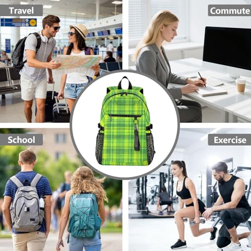 ALAZA Lime Green Plaid Pattern Backpack for Women Men, 23L Water Resistant Twill Daypack with 14 Inch Laptop Compartment, Wide Open Aesthetic School Bag for Travel Work