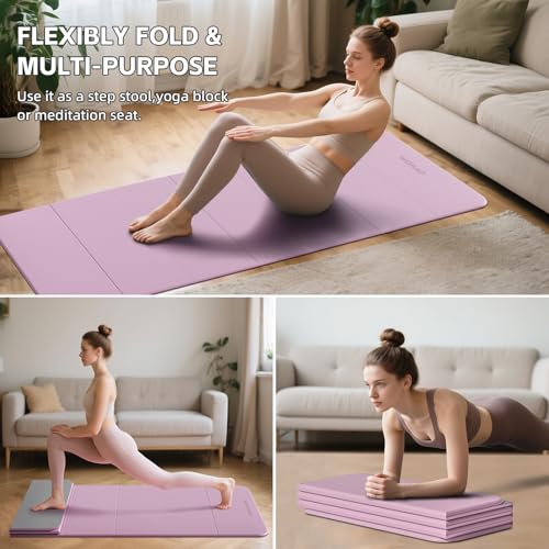 7-Fold Yoga Mat 70"x24" - 1/2 Inch Thick Folding Exercise Mat, Compact Non-Slip TPE Mat for Travel, Storage, Yoga & Home Gym, Lightweight & Portable - color: Taro Purple + Warm Gray