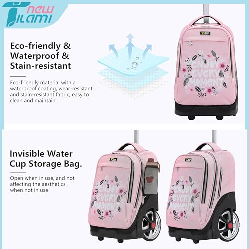 NEW TILAMI Rolling Backpack 19 inch with Lunch Bag Teens Cute Wheeled Computer Laptop Backpack Bookbag Roller Travel Bag College, Flower Pink - color: Flower Pink