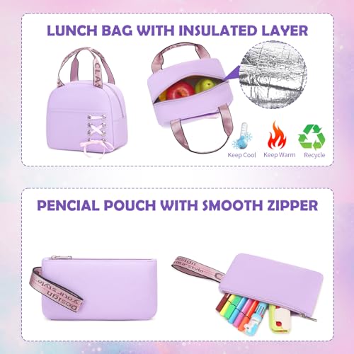 ACESAK Backpacks for Girls, Girls Backpack with Lunch Box and Pencil Case for Teen Kids Elementary Middle High School College Student, Children Backpack Bookbag with USB Charging Port (Pink Purple) - color: Purple & Pink