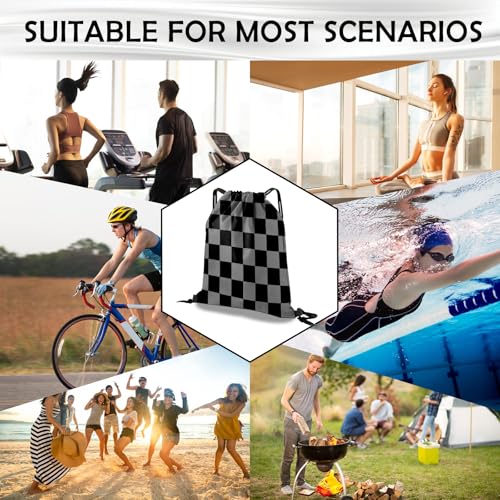 Drawstring Backpack Draw String Bag Waterproof for Sports Gym Beach Travel Cute Aesthetic Sackpack Men Women (13"×17")-Black Gray Checkered - color: S-12-black Gray