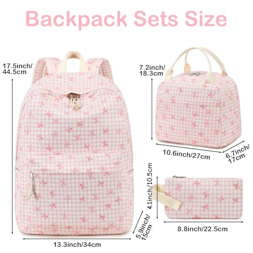 LEDAOU Kids Backpack for Girls Backpacks with Lunch Box, Lightweight Bookbag Set Elementary Middle School Back pack for 8-14 - color: Pink Bow Checkered