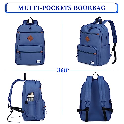 RAVUO School Backpack, Unisex Large Bookbag Water Resistant Lightweight Schoolbag Casual Daypack for High School/College/Teens/Travel/Work for Men Women Blue