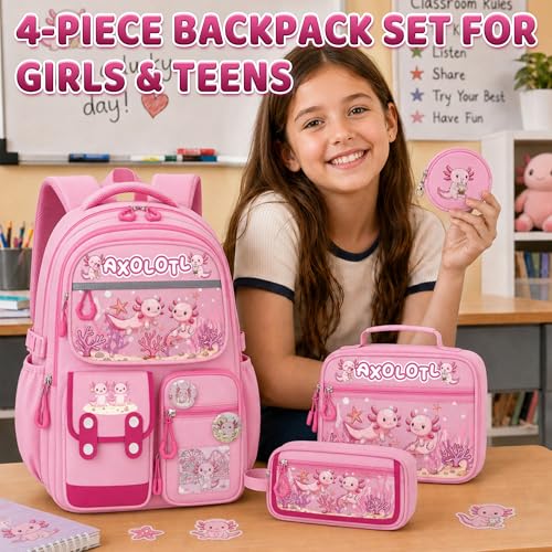 Axolotl Backpack for Girls, 4 PCS Girls Backpack with Lunch Box Set, Cute Kawaii Large Laptop Bookbag, School Bag for Elementary Kids & Teens - color: Axolotl