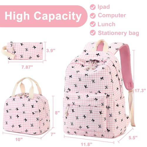 LEDAOU Backpack for Girls School Bag Kids Bookbag Teen Backpack Set Daypack with Lunch Bag and Pencil Case | Kids - color: B -Pink Checkered Bowtie -6