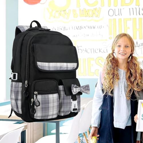 MCWTH Checkered Backpack for Teen Girls, Kawaii Cute Kids Elementary Student School Backpacks (Bow Black) - color: Checkered Black